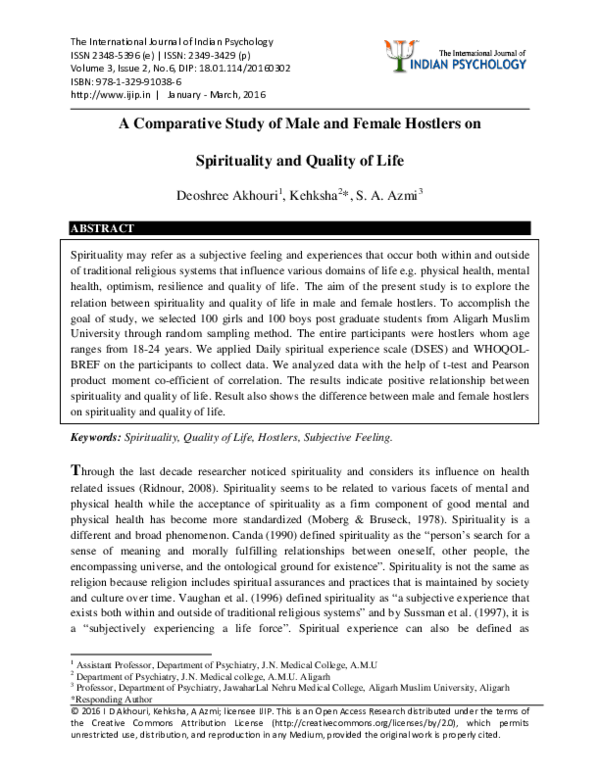 (PDF) A Comparative Study of Male and Female Hostlers on Spirituality ...