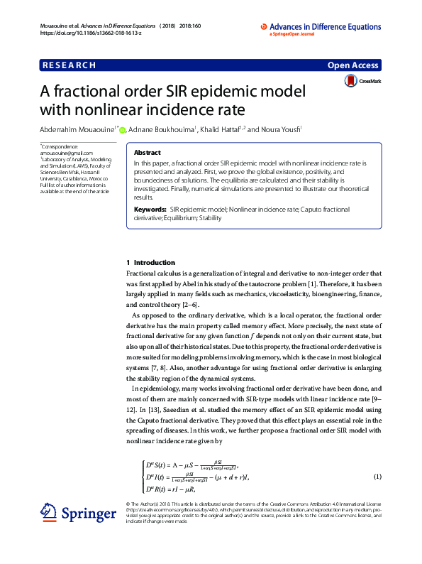 (PDF) A fractional order SIR epidemic model with nonlinear incidence rate