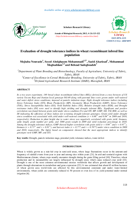 (PDF) Drought Tolerance in Wheat RILs: Evaluation of Indices