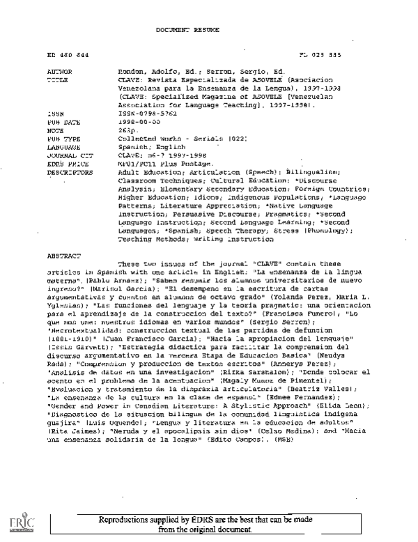 CLAVE: Revista Especializada de ASOVELE (Asociacion Venezolana para la Ensenanza de la Lengua), 1997-1998 (CLAVE: Specialized Magazine of ASOVELE [ …