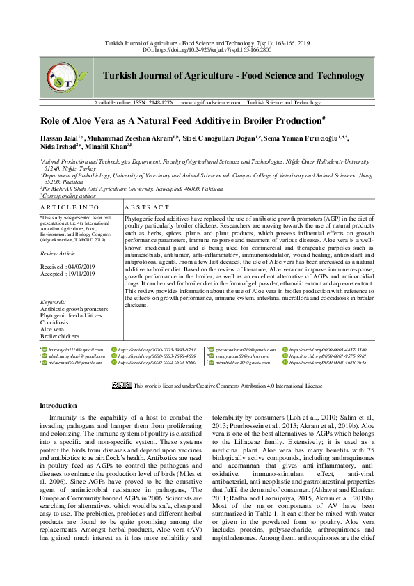 (PDF) Role of Aloe Vera as A Natural Feed Additive in Broiler Production