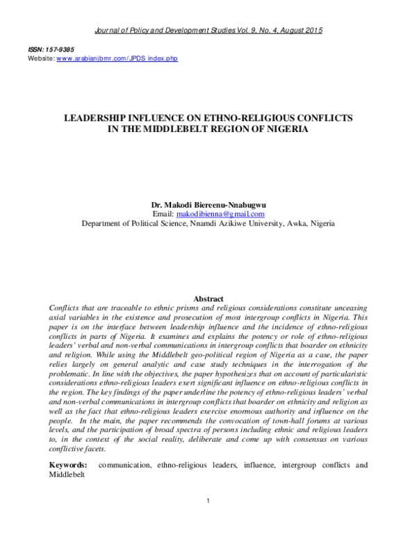 (PDF) Leadership Influence on Ethno - Religious Conflicts in the ...