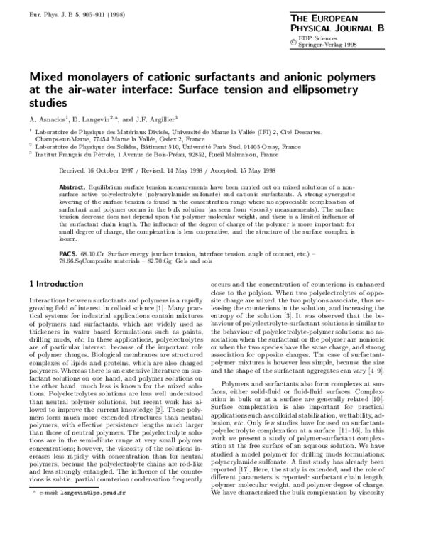 (PDF) Mixed monolayers of cationic surfactants and anionic polymers at ...