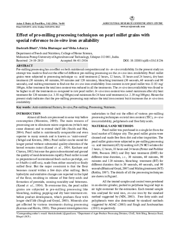 (PDF) Effect of pre-milling processing techniques on pearl millet ...
