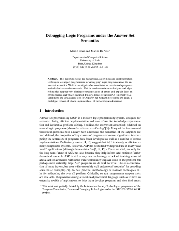 (PDF) Debugging Logic Programs under the Answer Set Semantics