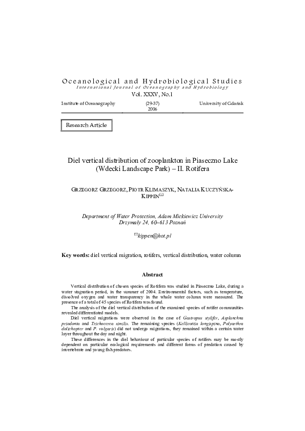 (PDF) Diel vertical distribution of zooplankton in Piaseczno Lake (Wda ...