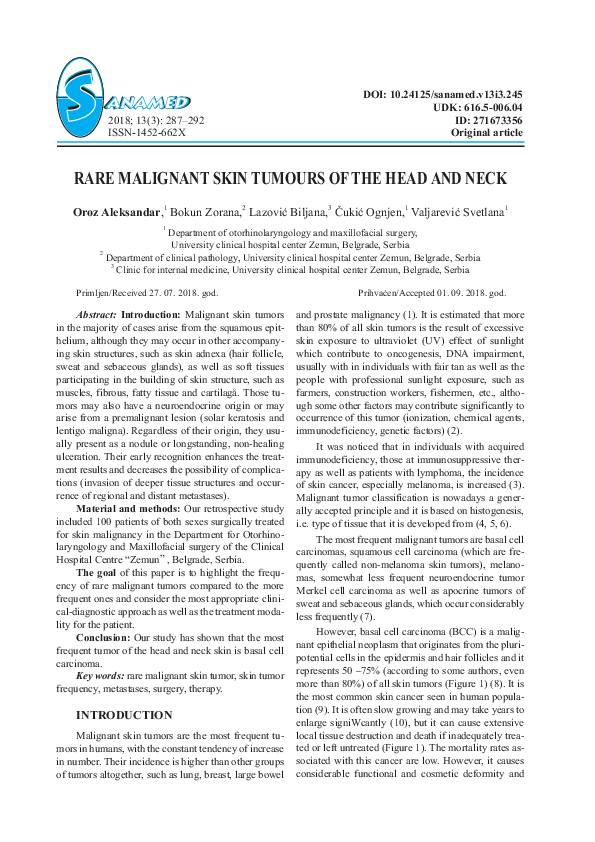 (PDF) Rare Malignant Skin Tumours of the Head and Neck