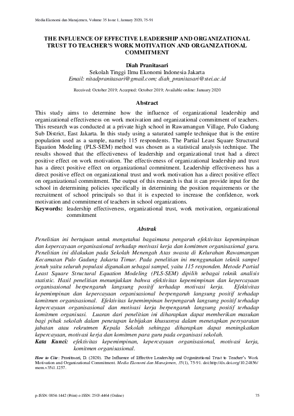 (PDF) THE INFLUENCE OF EFFECTIVE LEADERSHIP AND ORGANIZATIONAL TRUST TO ...
