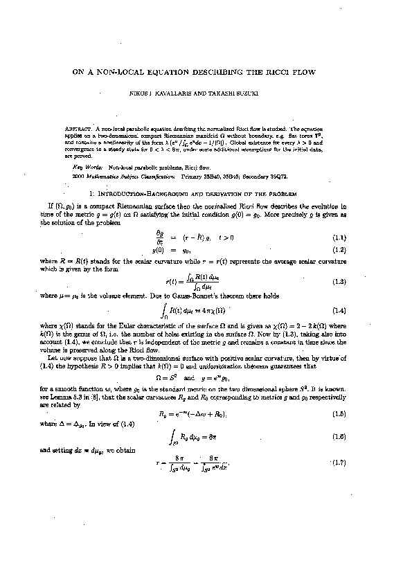 (PDF) On a Non-Local Equation Describing the Ricci Flow