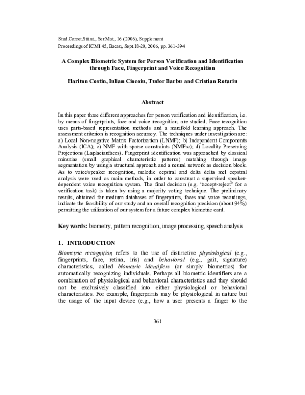 Pdf A Complex Biometric System For Person Verification And Pdf A Complex Biometric System For Person Verification And