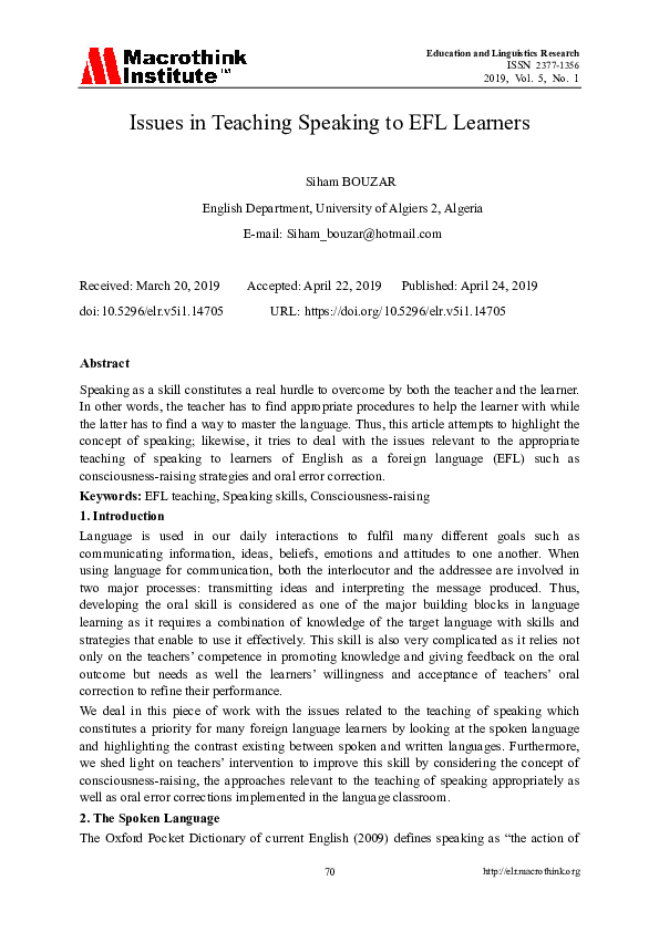 (PDF) Issues in Teaching Speaking to EFL Learners