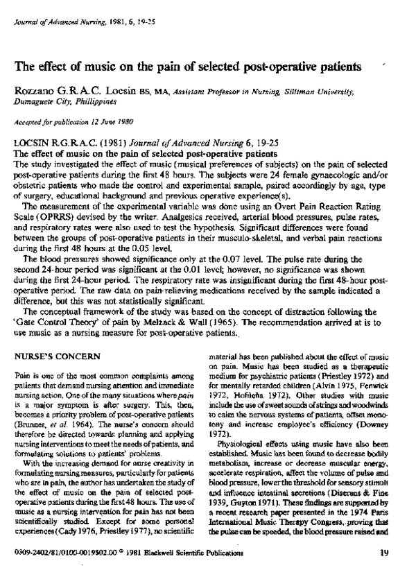 (PDF) The effect of music on the pain of selected post-operative patients