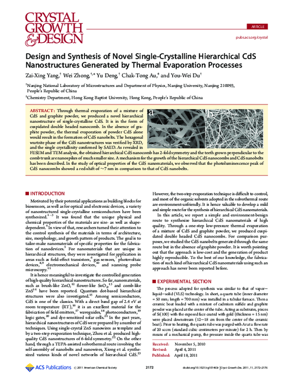 (PDF) Design and Synthesis of Novel Single-Crystalline Hierarchical CdS ...