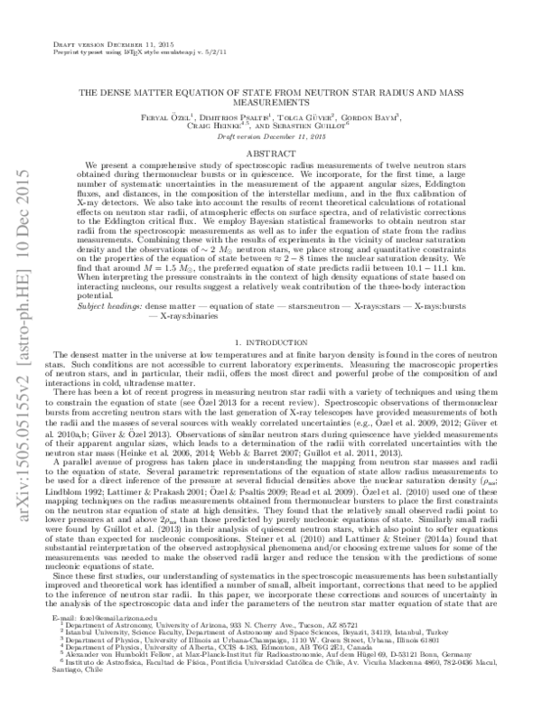 (PDF) The Dense Matter Equation of State from Neutron Star Radius and ...