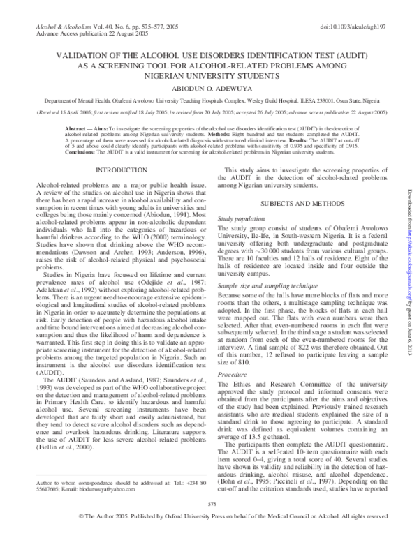 (PDF) Validation of the Alcohol Use Disorders Identification Test ...