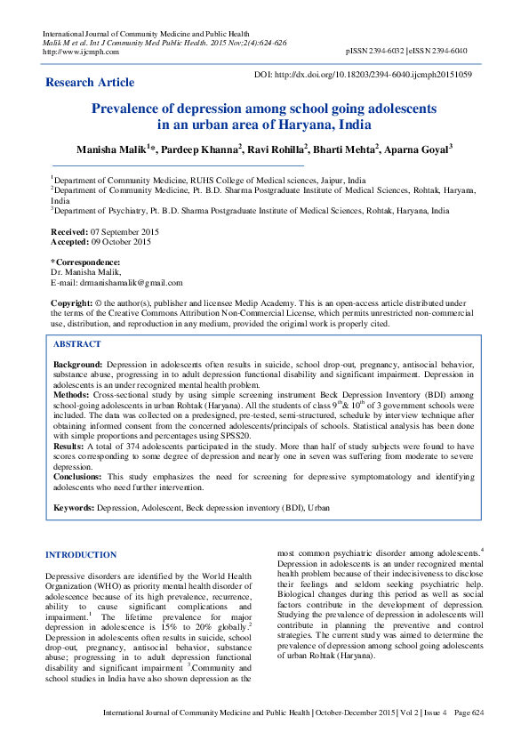 (PDF) Prevalence of depression among school going adolescents in an ...