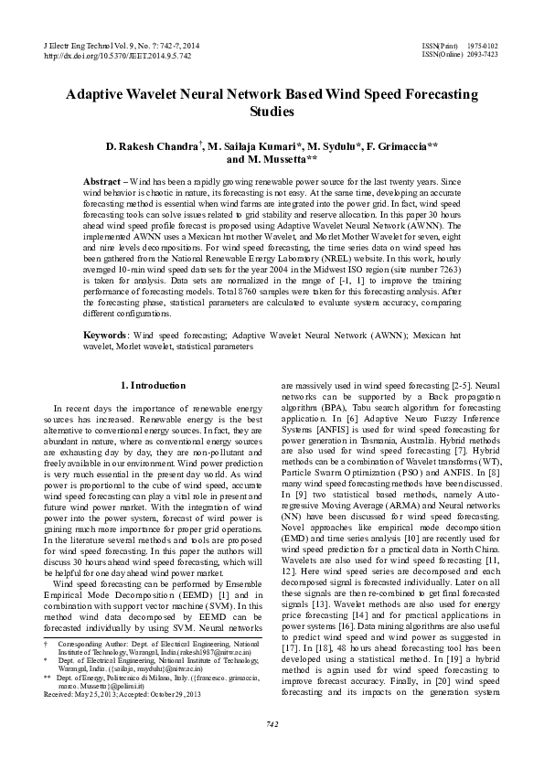 (PDF) Adaptive Wavelet Neural Network Based Wind Speed Forecasting Studies