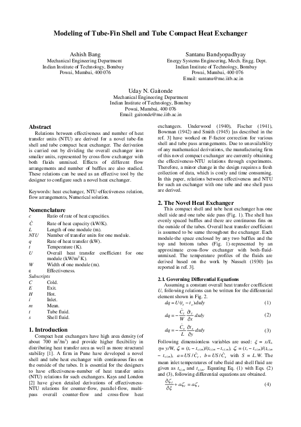 (PDF) Modeling of Tube-Fin Shell and Tube Compact Heat Exchanger