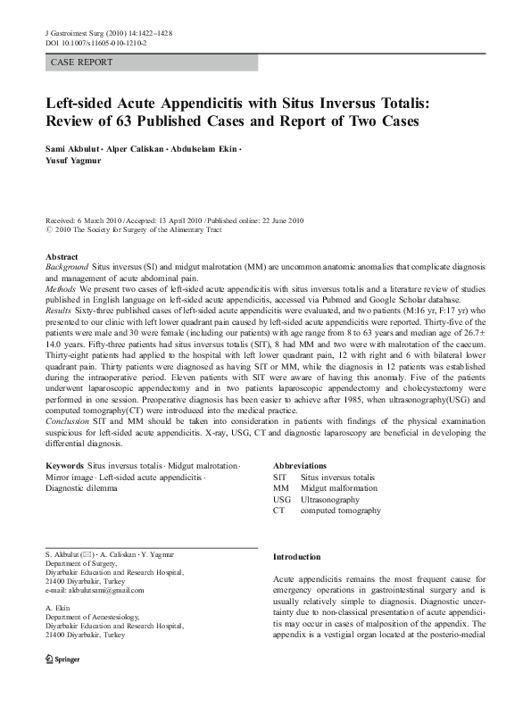 (PDF) Left-sided Acute Appendicitis with Situs Inversus Totalis: Review ...