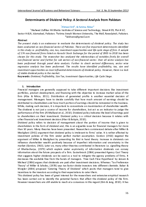 (PDF) Determinants of Dividend Policy: A Sectoral Analysis from Pakistan
