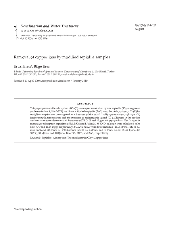 (PDF) Removal of Copper Ions by Modified Sepiolite Samples