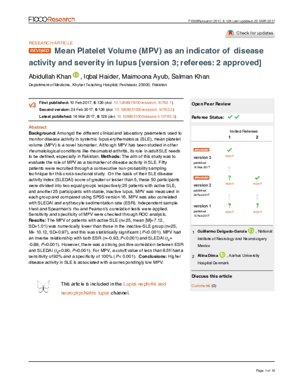 (PDF) Mean Platelet Volume (MPV) as an indicator of disease activity ...