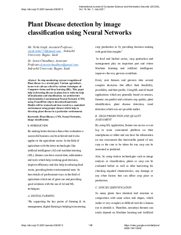(PDF) Plant Disease detection by image classification using Neural Networks
