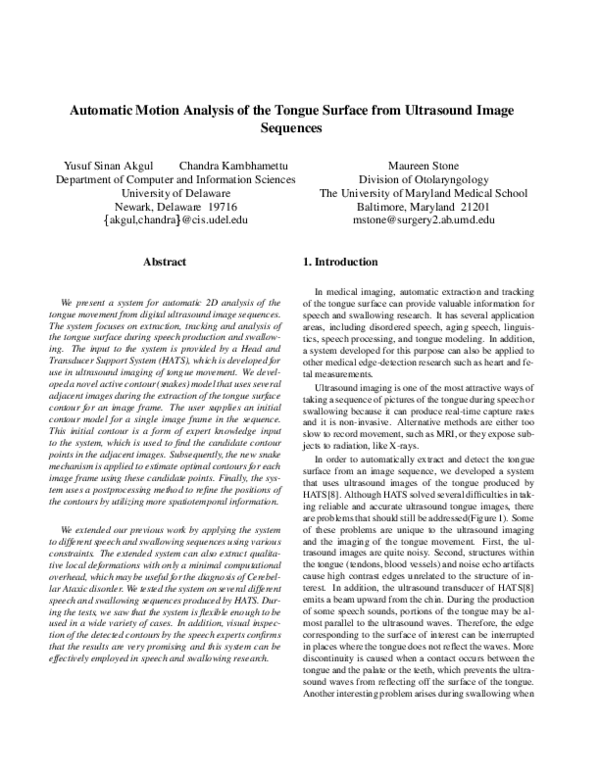 (PDF) Automatic Motion Analysis of Tongue Surface from Ultrasound Image ...