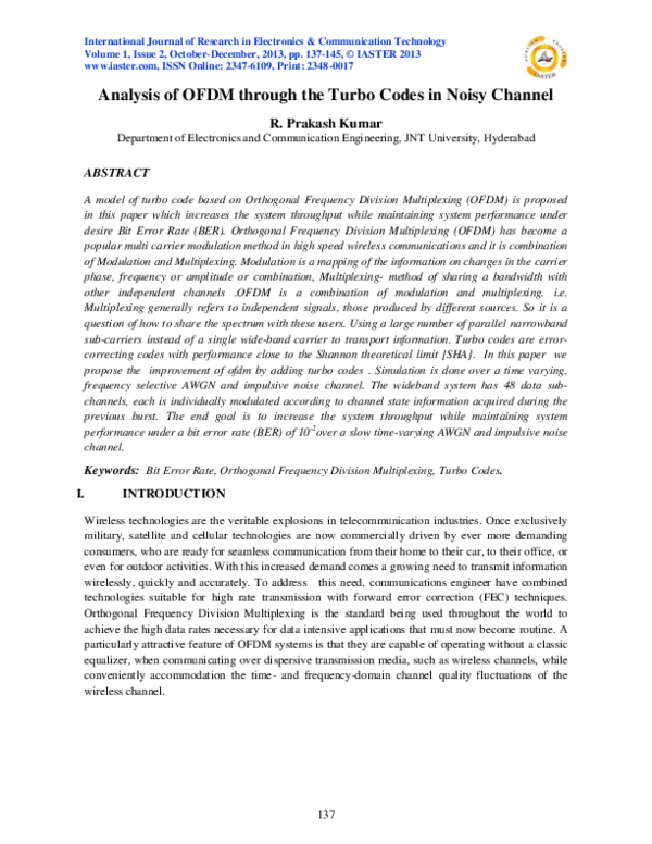 (PDF) Analysis of OFDM through the Turbo Codes in Noisy Channel