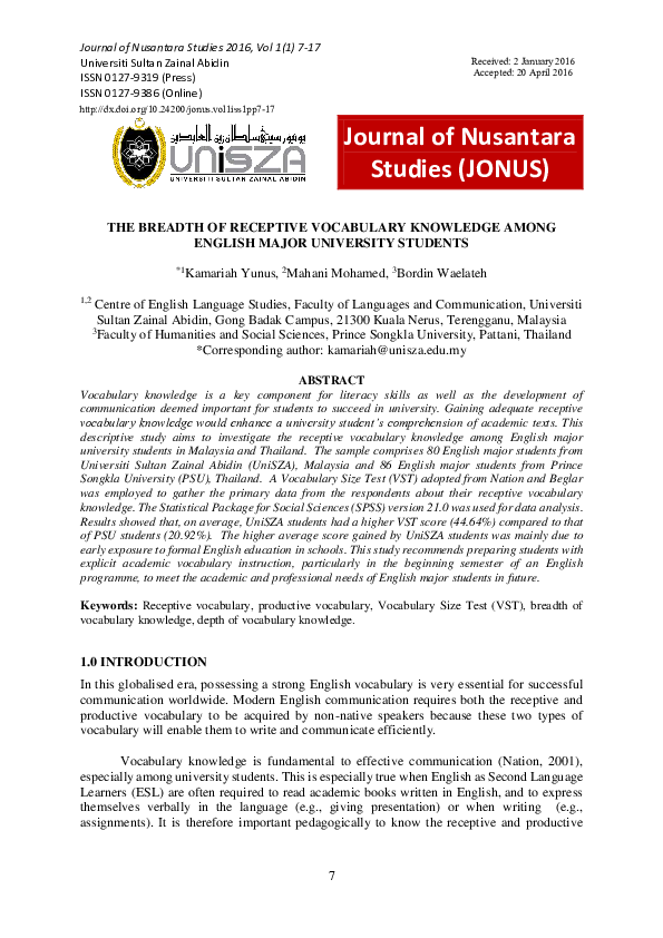 (PDF) The Breadth of Receptive Vocabulary Knowledge Among English Major ...