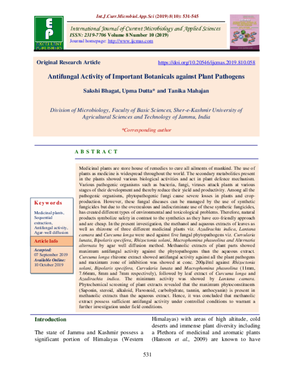 (PDF) Antifungal Activity of Important Botanicals against Plant Pathogens