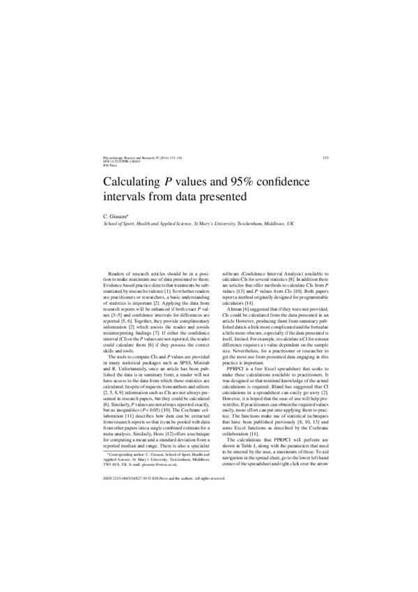 (PDF) Calculating P values and 95% confidence intervals from data presented