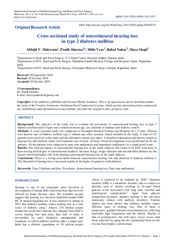 (PDF) Cross sectional study of sensorineural hearing loss in type 2 ...