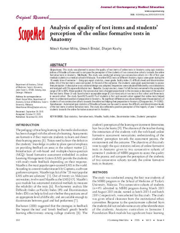 (PDF) Analysis of quality of test items and students' perception of the ...