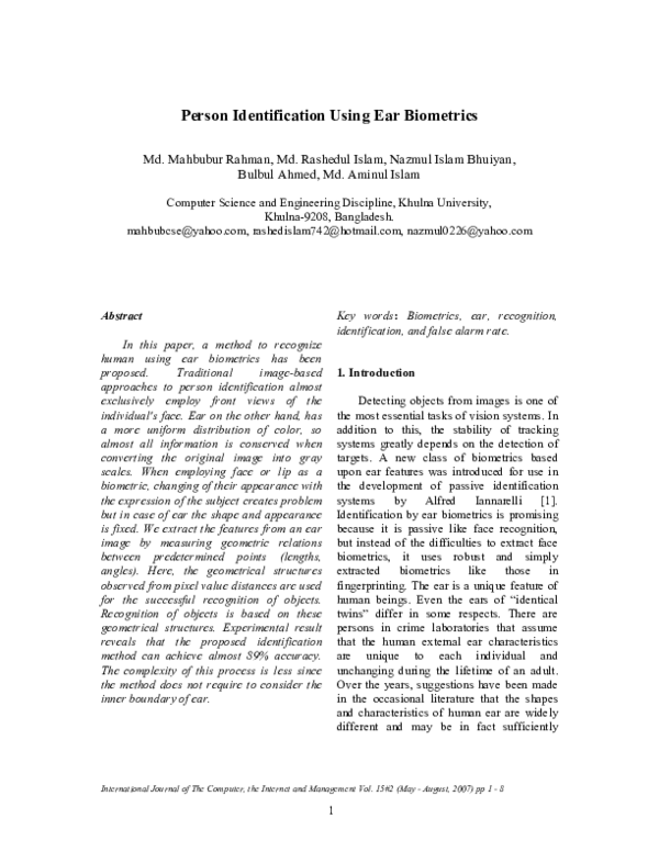 (PDF) Person Identification Using Ear Biometrics