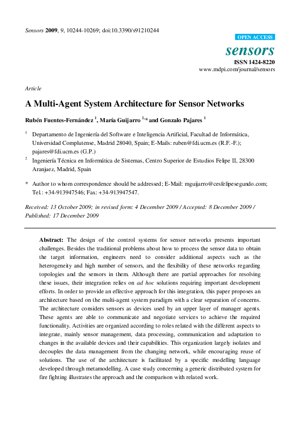 (PDF) A Multi-Agent System Architecture for Sensor Networks