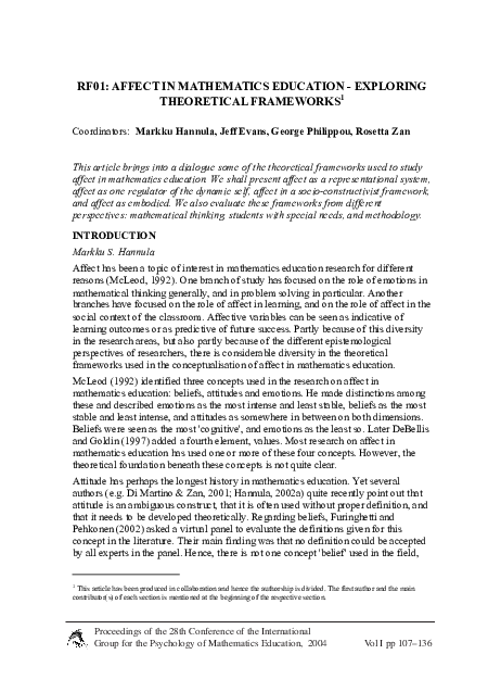 (PDF) Affect In Mathematics Education--Exploring Theoretical Frameworks ...
