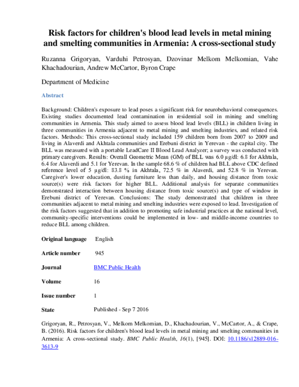 (PDF) Risk factors for children’s blood lead levels in metal mining and ...