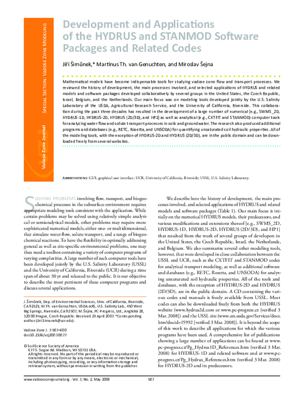 (PDF) Development and applications of the HYDRUS and STANMOD software ...