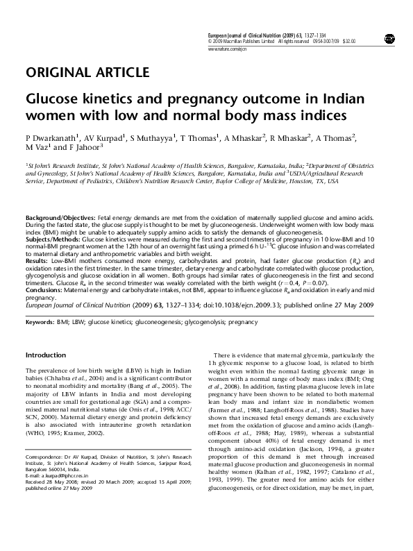 (PDF) Glucose kinetics and pregnancy outcome in Indian women with low ...