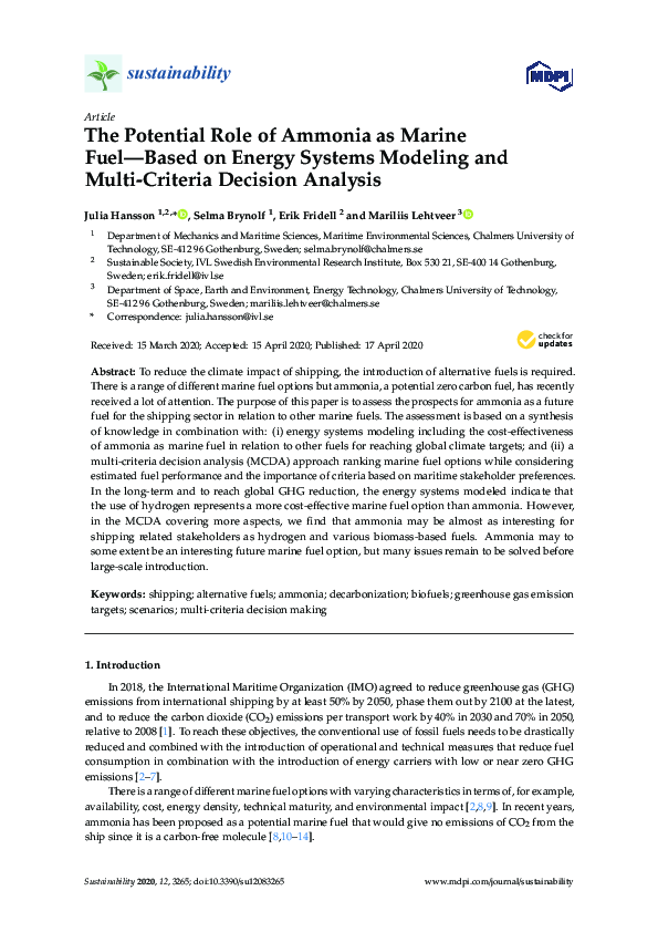 (PDF) The Potential Role of Ammonia as Marine Fuel—Based on Energy ...