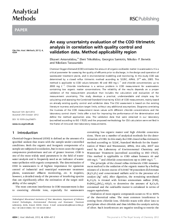 (PDF) An easy uncertainty evaluation of the COD titrimetric analysis in ...