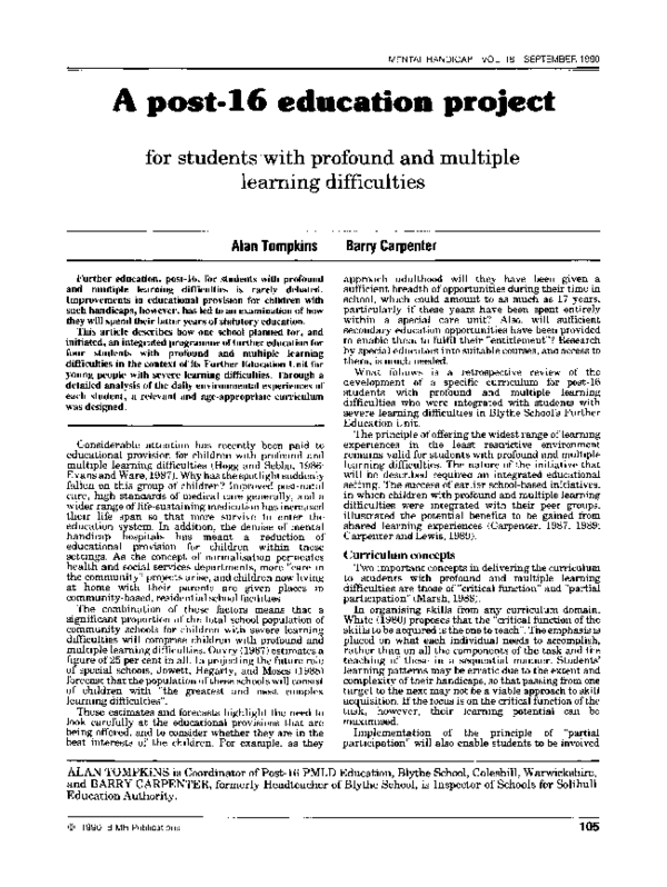 (PDF) A post-16 education project: for students with profound and ...