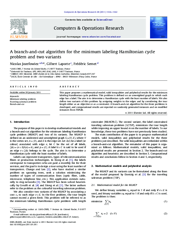 (PDF) A branch-and-cut algorithm for the minimum labeling Hamiltonian ...