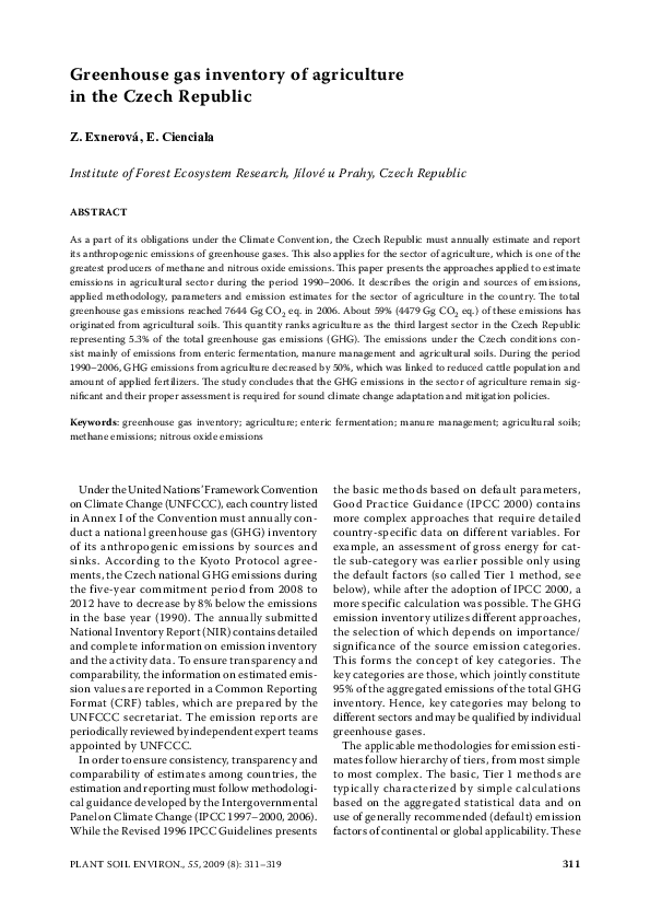 (PDF) Greenhouse gas inventory of agriculture in the Czech Republic