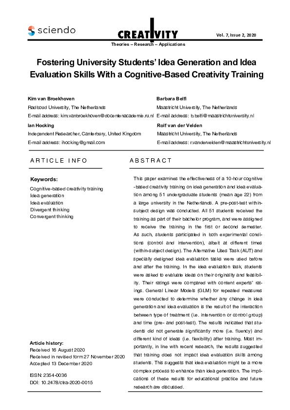 (PDF) Fostering University Students’ Idea Generation and Idea ...