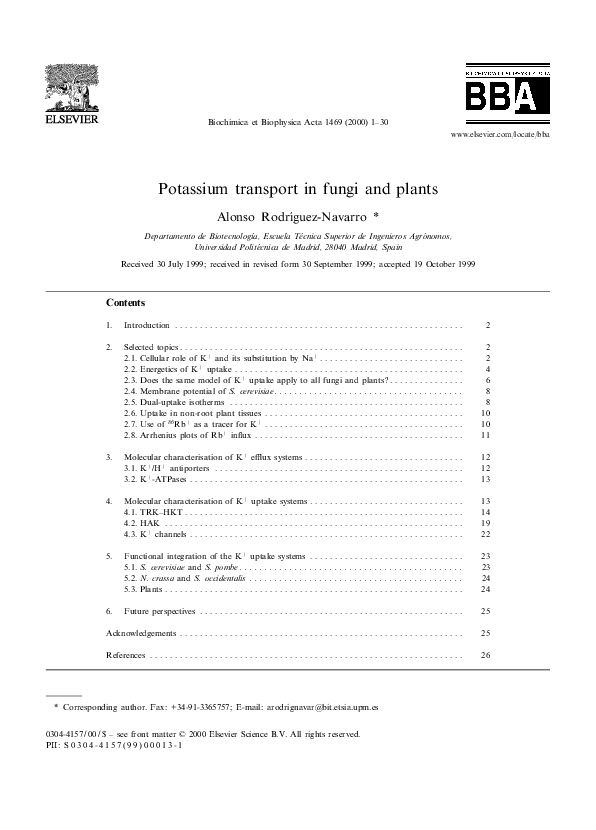 (PDF) Potassium transport in fungi and plants
