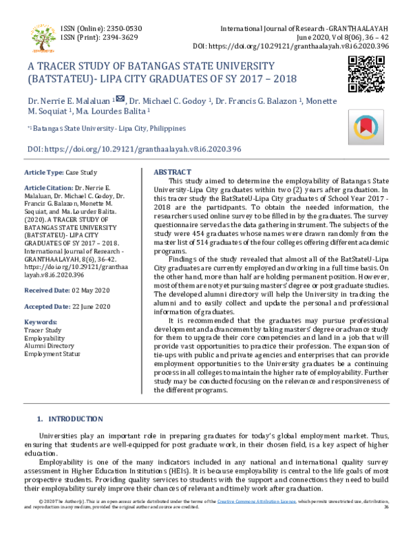 (PDF) A Tracer Study of Batangas State University (Batstateu)- Lipa