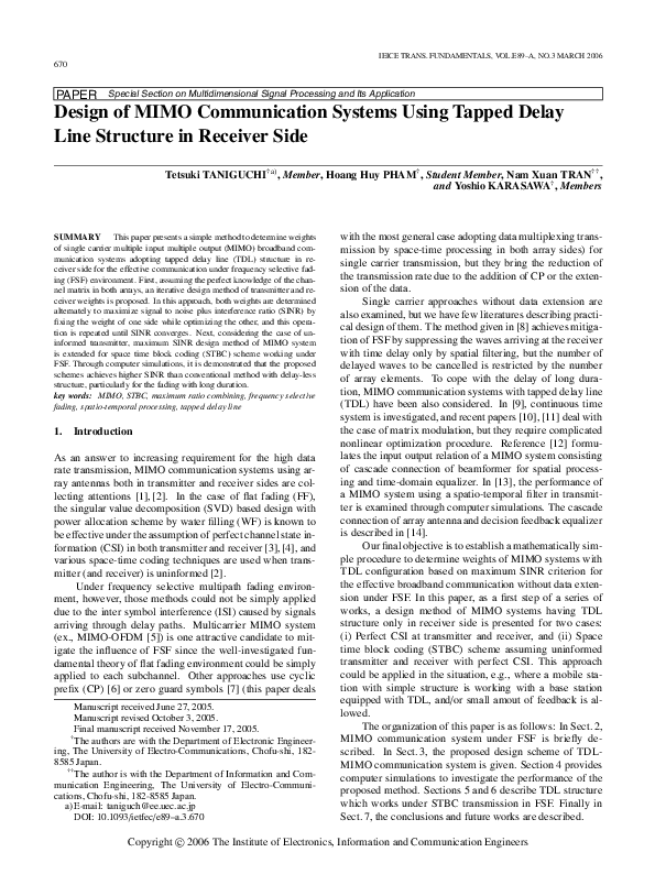 (PDF) Design of MIMO communication systems using tapped delay line ...