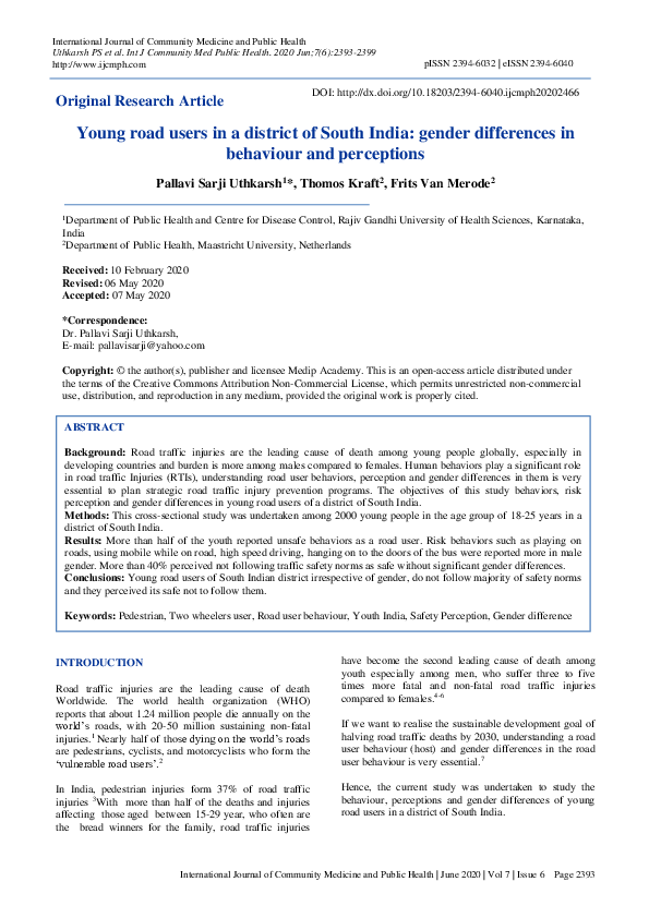(PDF) Young road users in a district of South India: gender differences ...